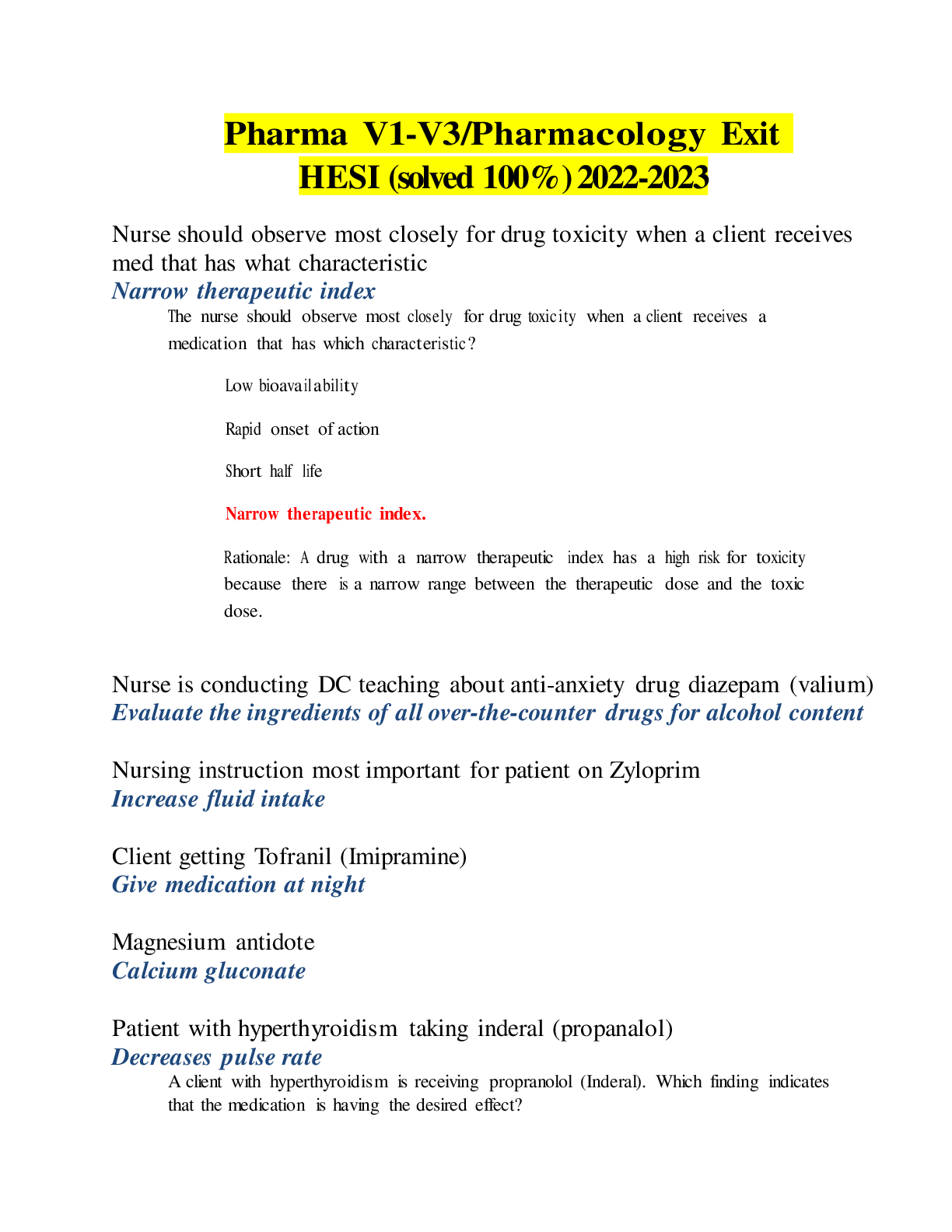 Preview image for Pharma V1-V3/Pharmacology Exit HESI (solved 100%)2022-2023